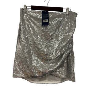 Silver Sequined Skirt Size XL Elastic Waist Bodycon Rouched Knee Length NEW